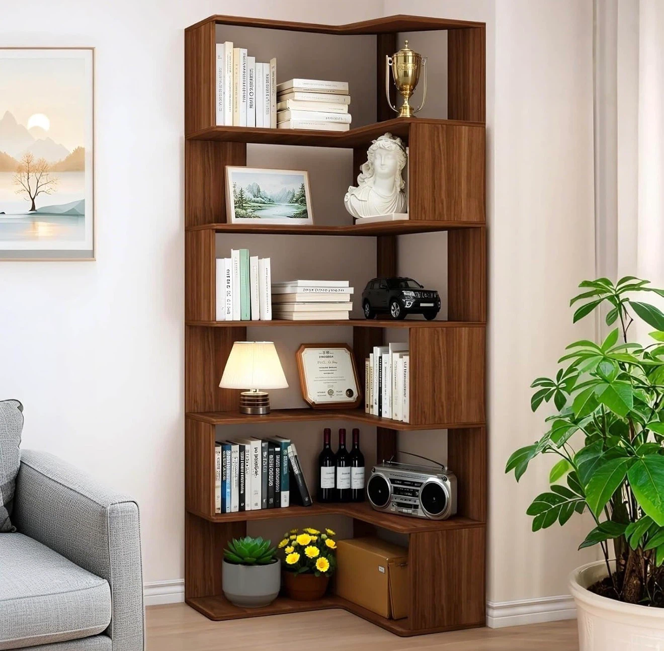 6 Tier Corner Bookcase Tall, L-Shaped Corner Book Shelf (NEW)