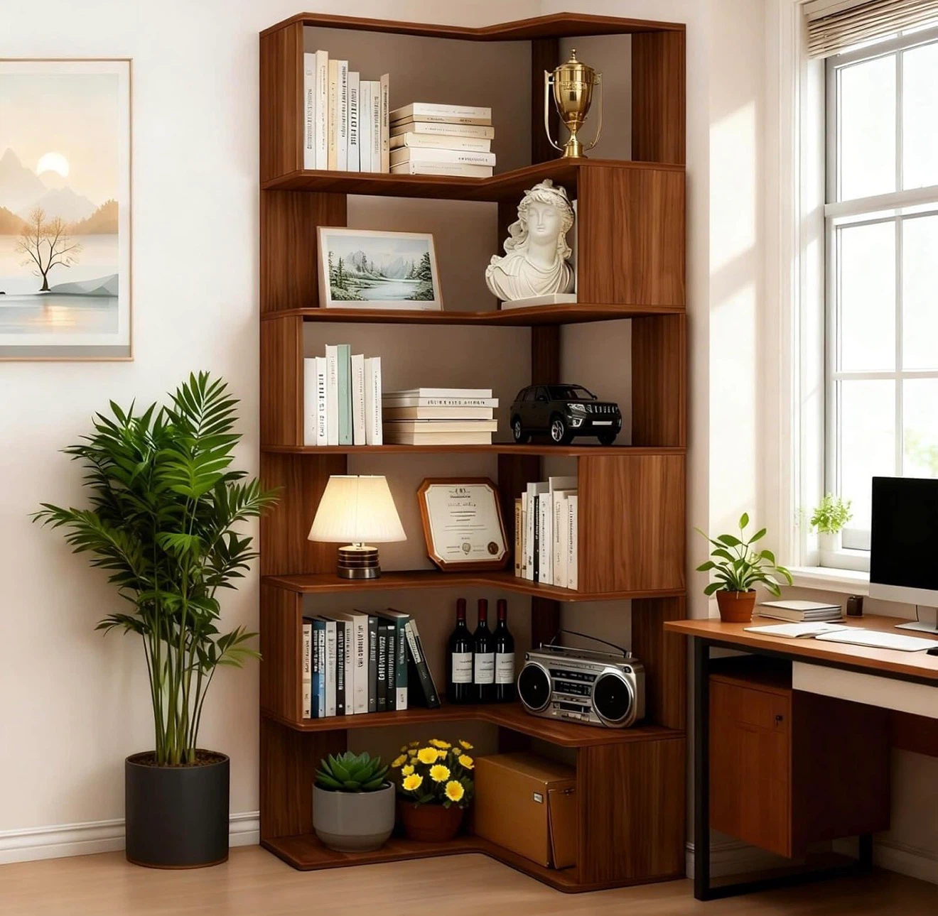 6 Tier Corner Bookcase Tall, L-Shaped Corner Book Shelf (NEW) - photo 3