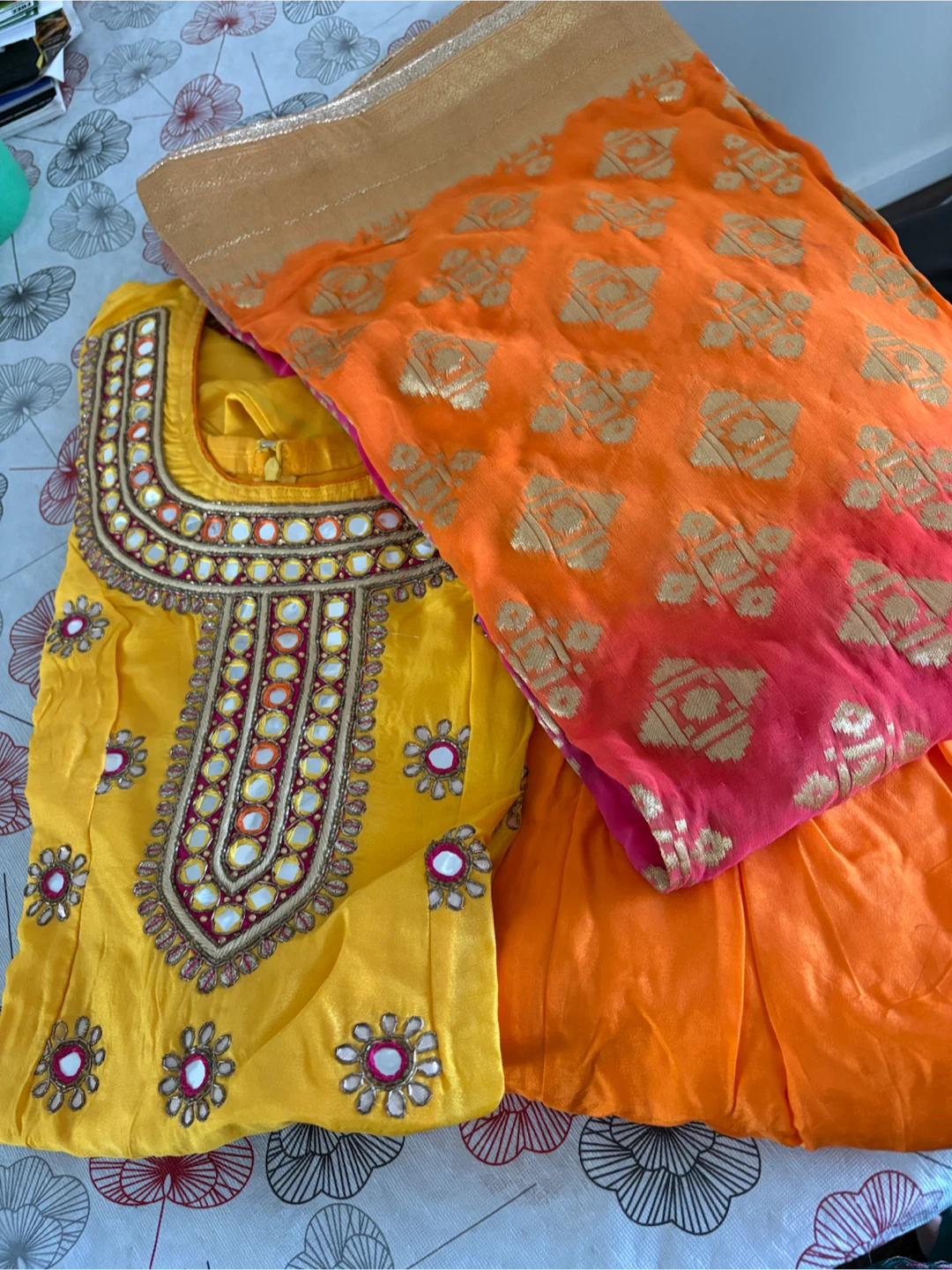 Bright Yellow and Orange Salwar Kameez Suit