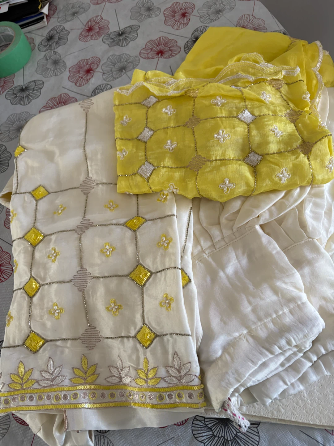 Yellow and Cream Embroidered Salwar Kameez