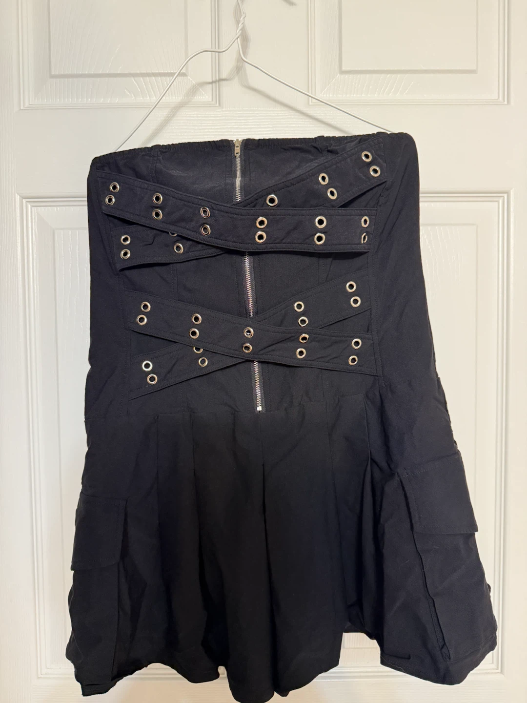 Black strapless grommet detail dress