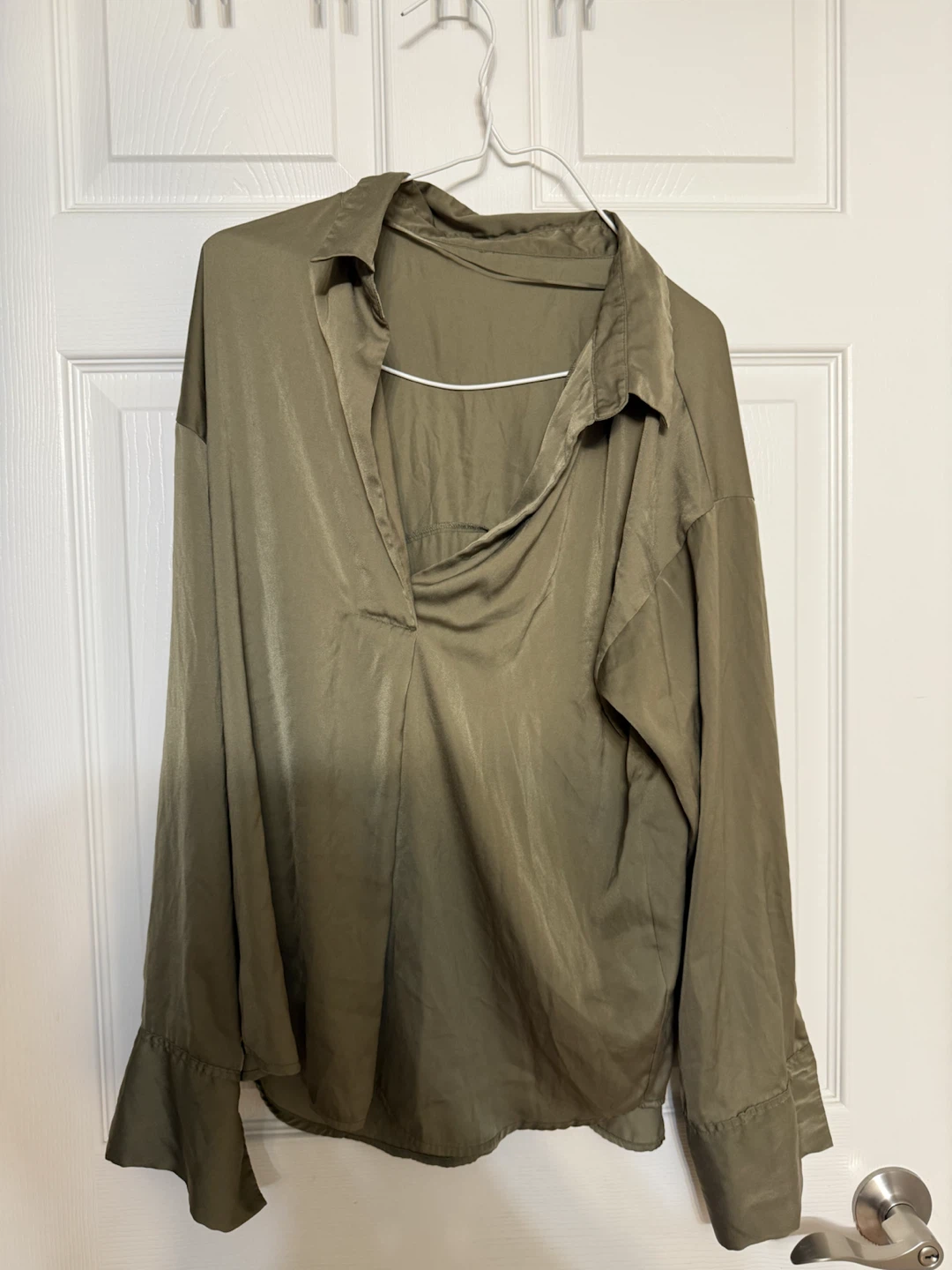 Olive Green Satin Button-Down Shirt