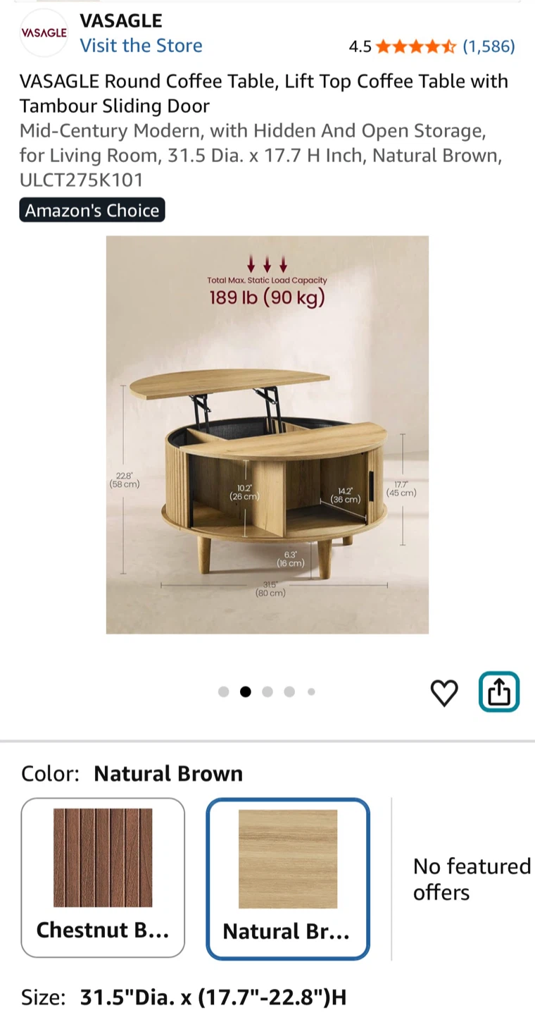 VASAGLE Round Lift-Top Coffee Table - photo 2
