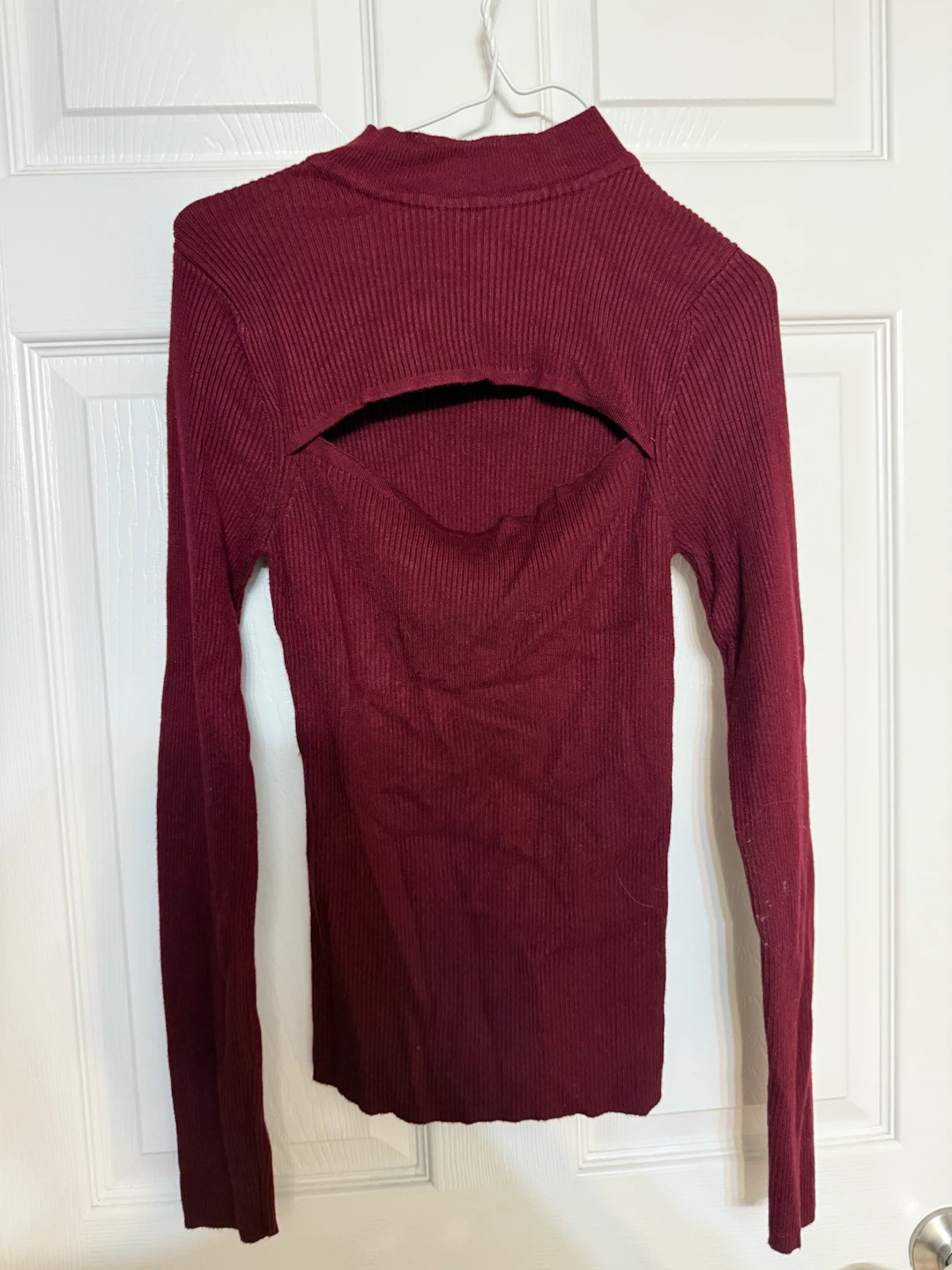 Revamped burgundy cut-out mock neck top
