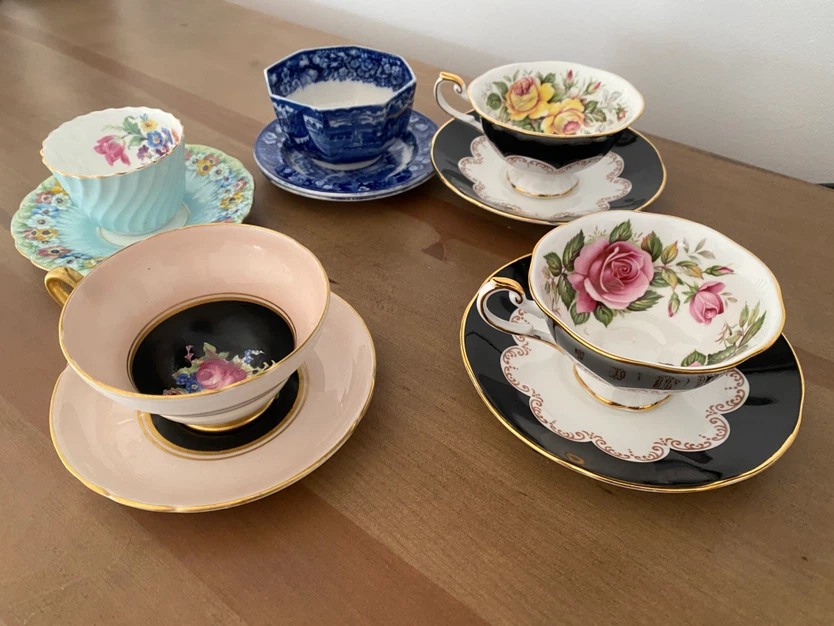 Set of 5 Vintage Fine Bone China Tea Cups and Saucers