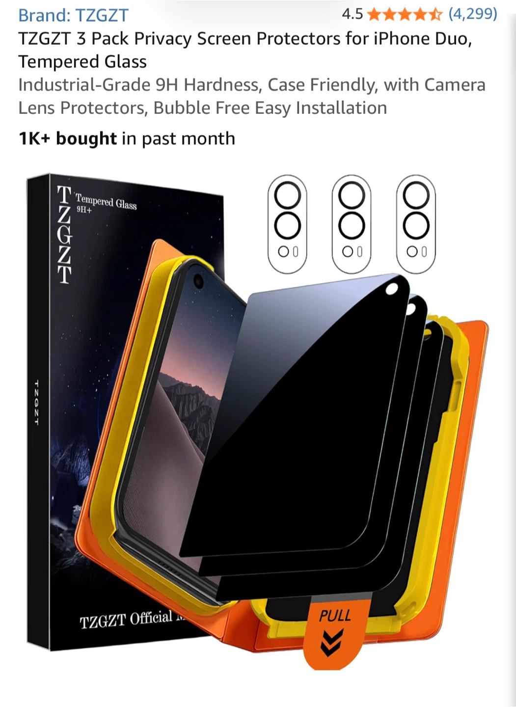 TZGZT 3 Pack Privacy Screen Protectors for iPhone Duo