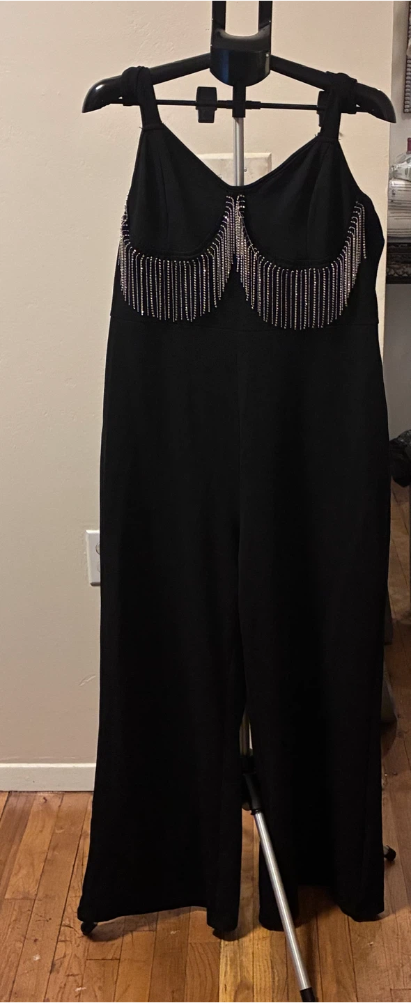 Black Jumpsuit with Rhinestone Fringe Details