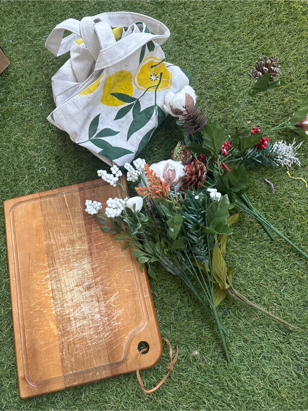 Wooden Cutting Board and Artificial Floral Decor