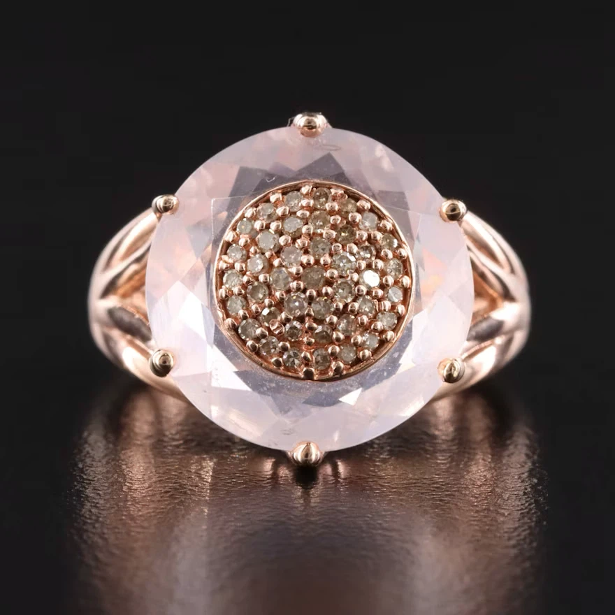 Gold-Plated Sterling Silver Rose Quartz & Diamond Ring — Size 7