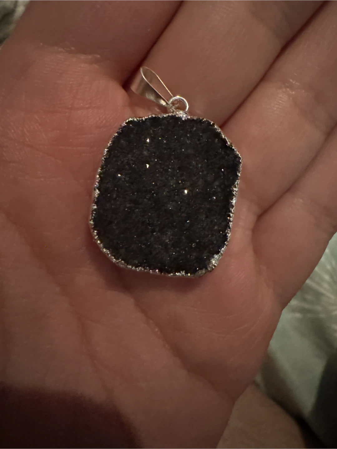 Natural Black Druzy Agate/Quartz Pendant — Silver Glittered Edge