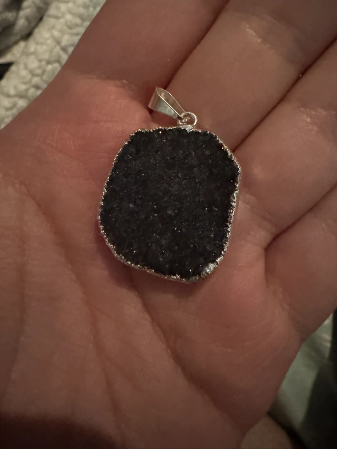 Natural Black Druzy Agate/Quartz Pendant — Silver Glittered Edge - photo 2