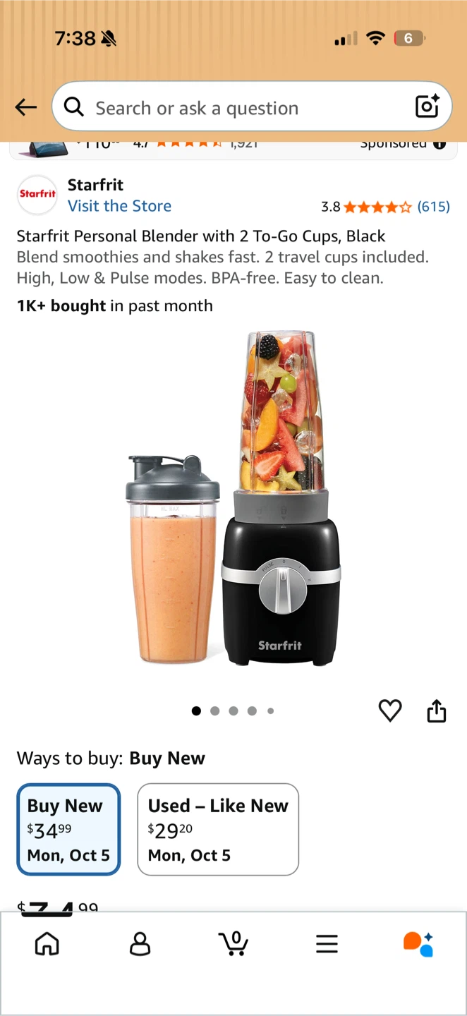 Starfrit Personal Blender with 2 To-Go Cups