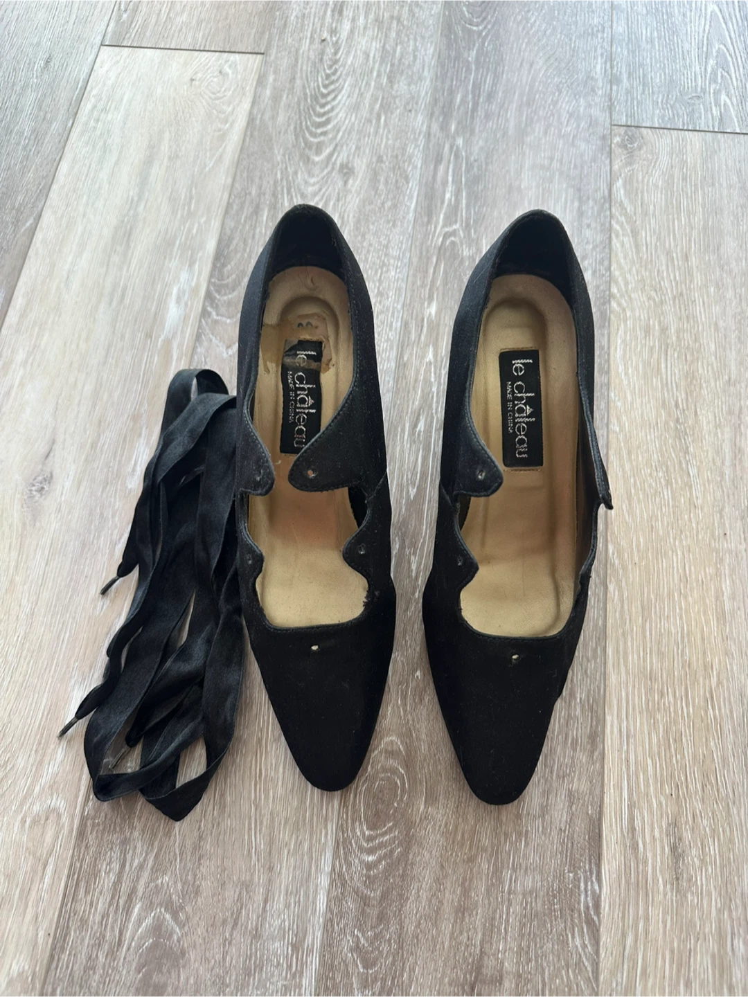 Vintage Le Chateau black satin lace-up heels, size 8M