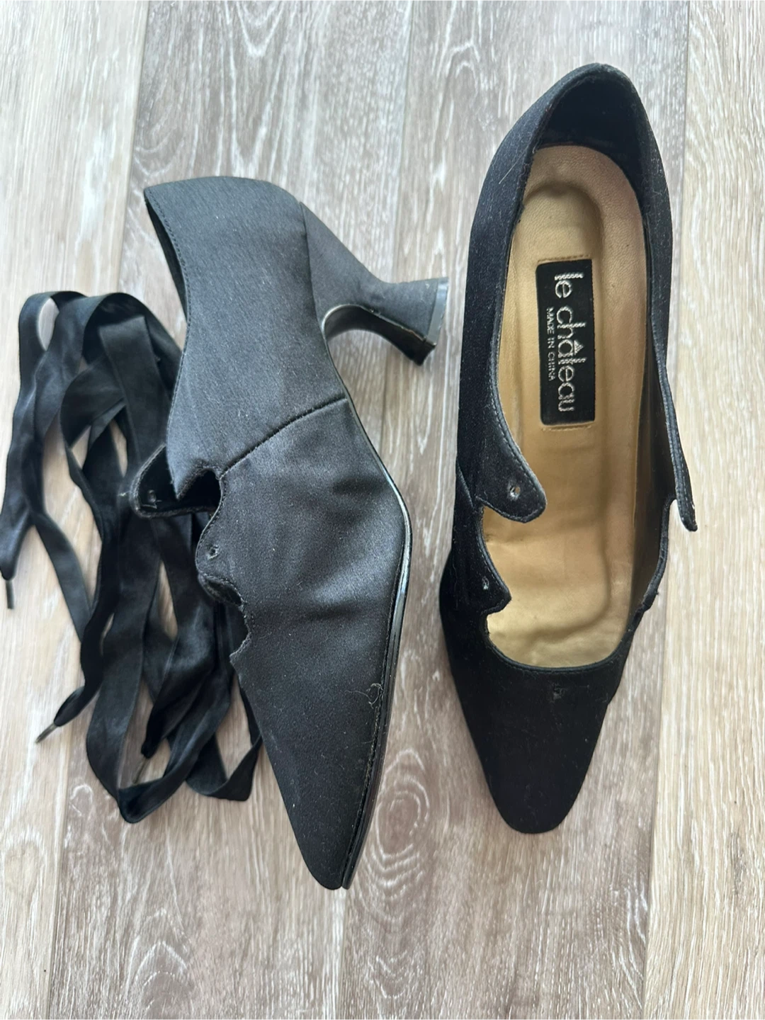 Vintage Le Chateau black satin lace-up heels, size 8M - photo 2
