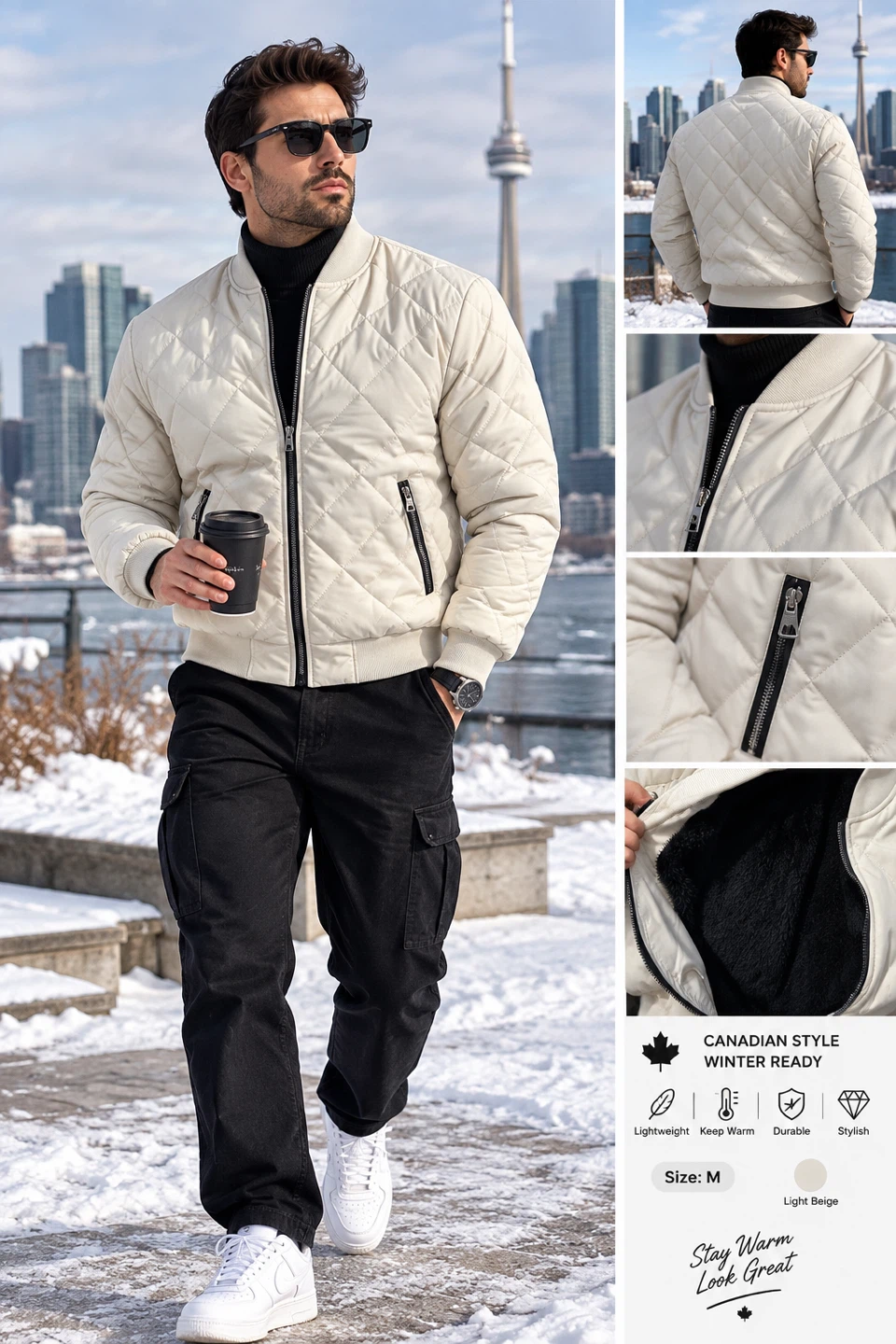 Mens Quilted Bomber Jacket Light Beige
