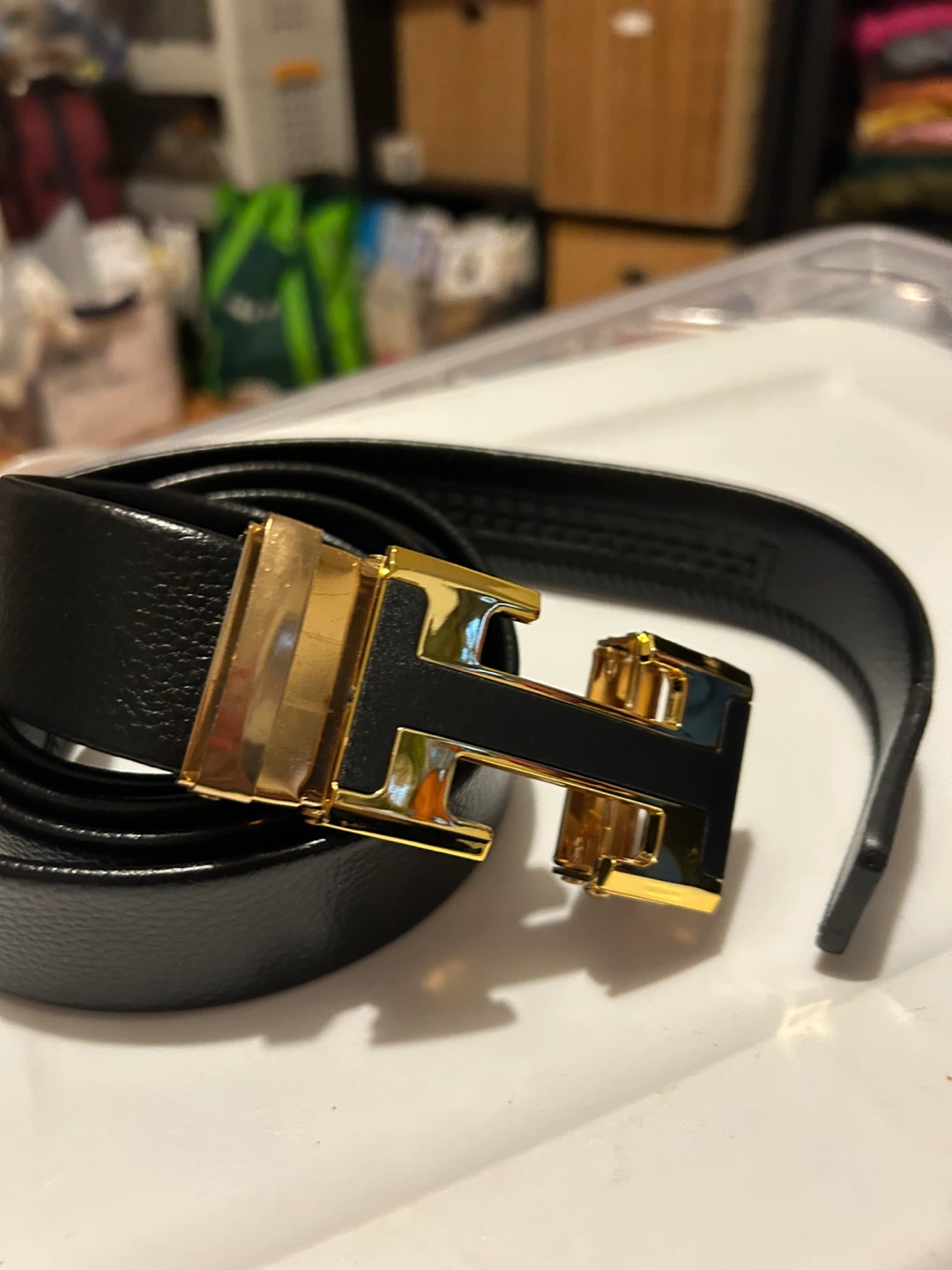 Black Leather Belt with Gold H Buckle