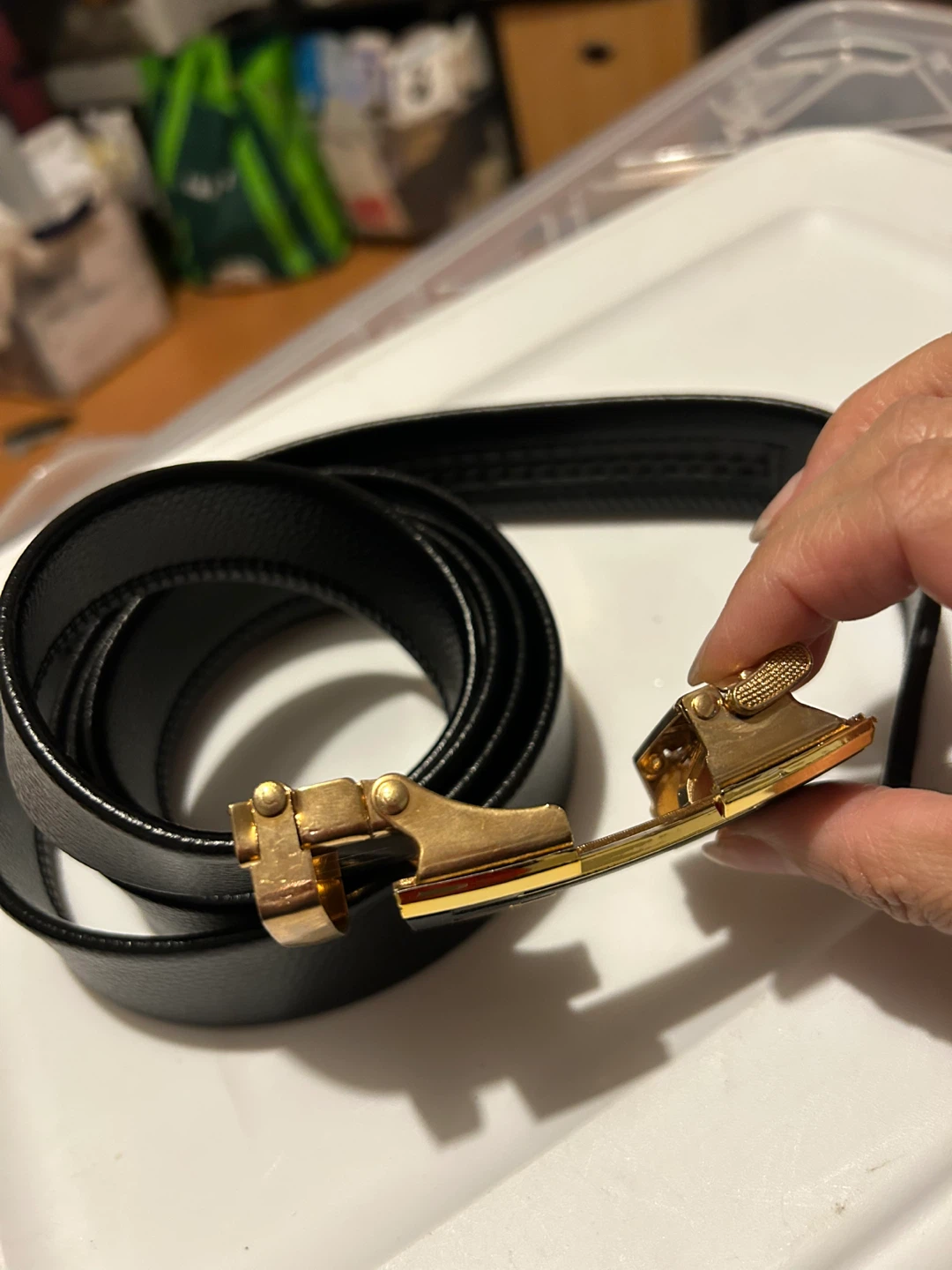 Black Leather Belt with Gold H Buckle - photo 2