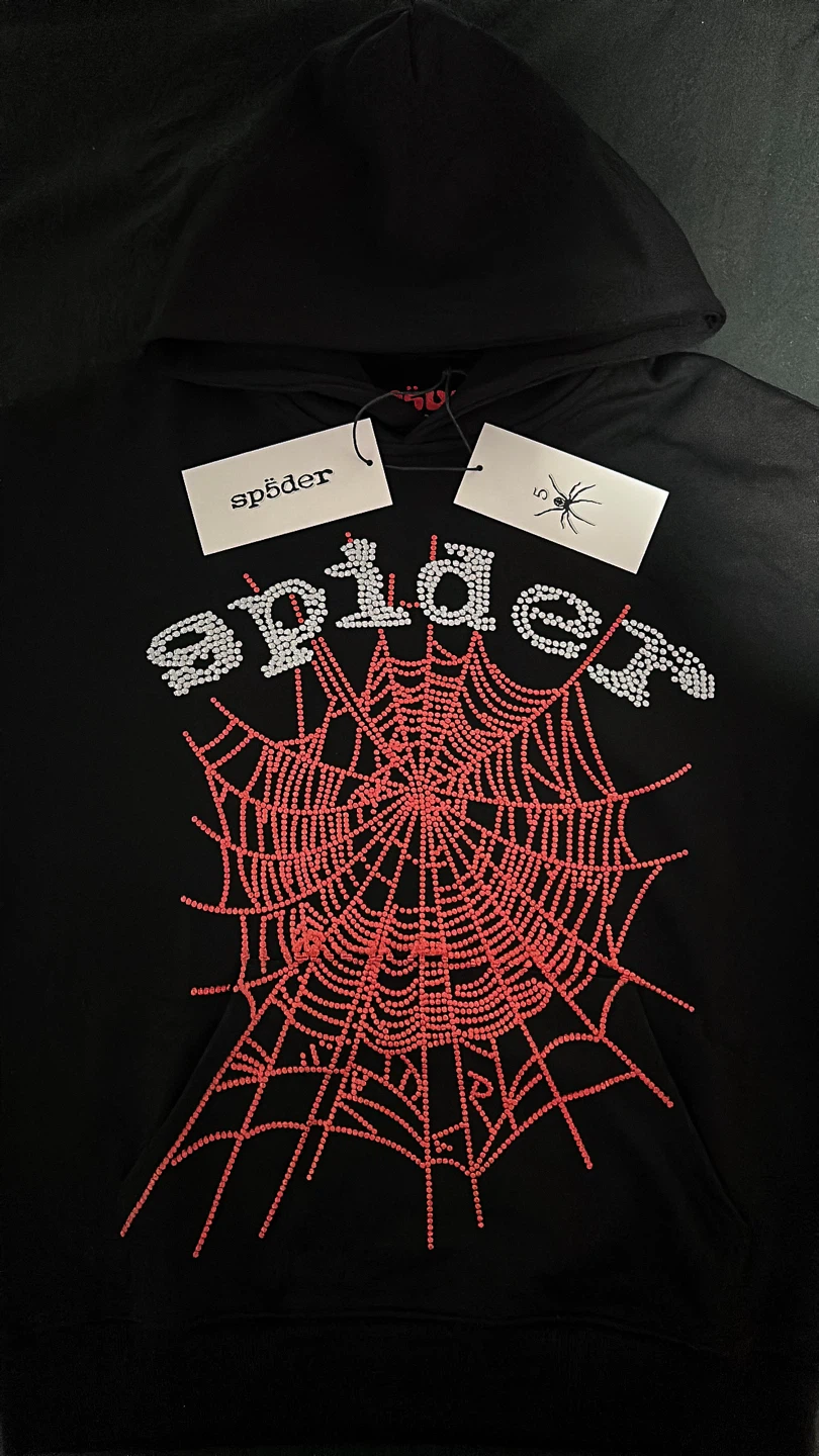 Sp5der Rhinestone Hoodie Black / Red (Size Small)