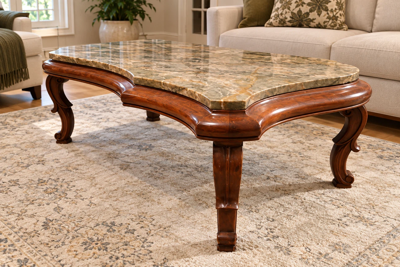 Vintage Solid Wood Coffee Table with Marble Top