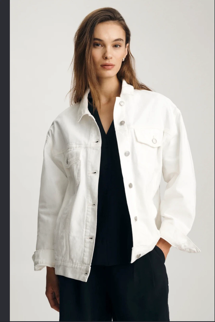 white button-up jacket with contrast stitching