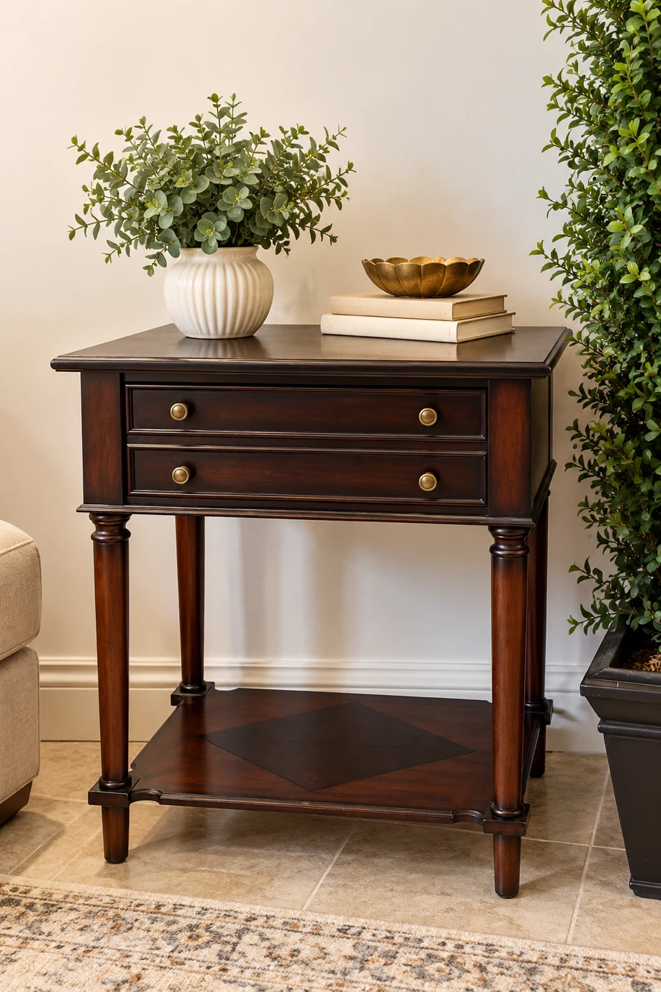 Dark Wood Accent Table with Storage Drawers