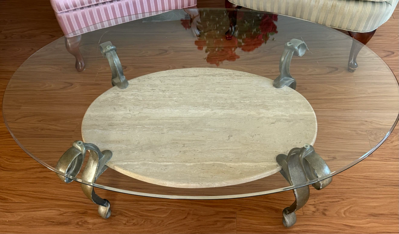 Glass Coffee Table Stone Shelf & Antique Base (great condition) - photo 3