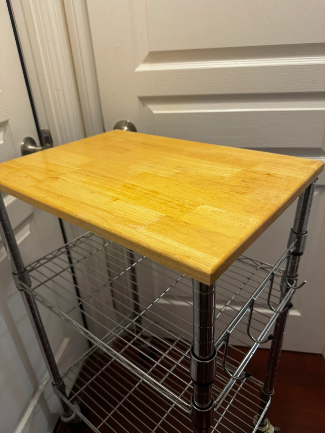 3-tier rolling wire kitchen cart with a wooden tabletop. - photo 2