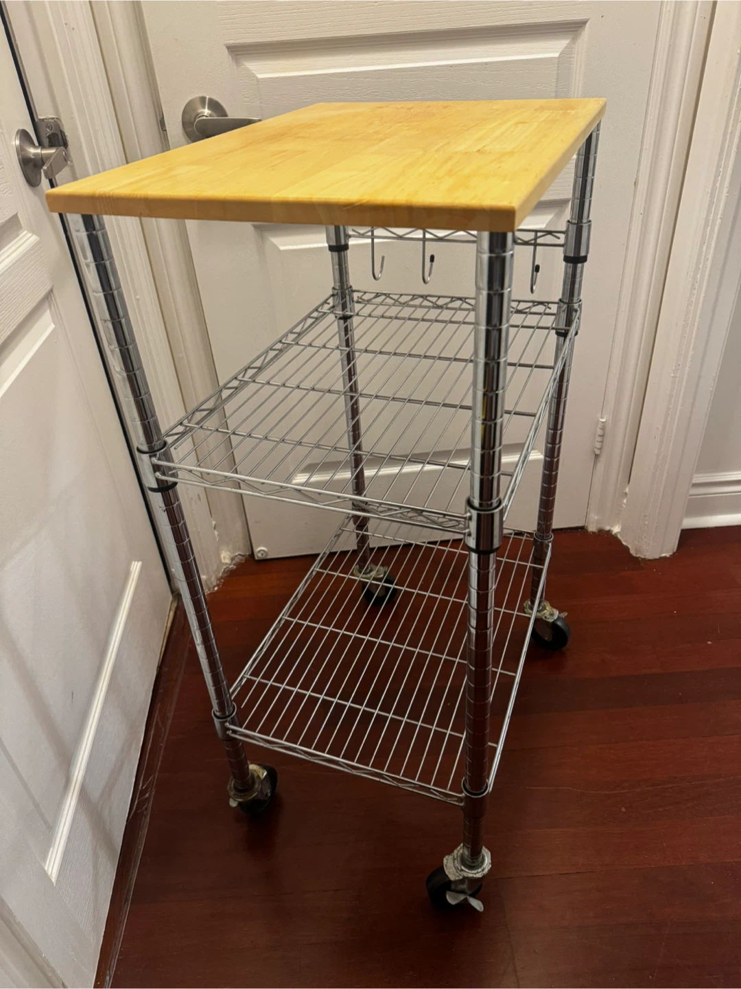3-tier rolling wire kitchen cart with a wooden tabletop. - photo 3