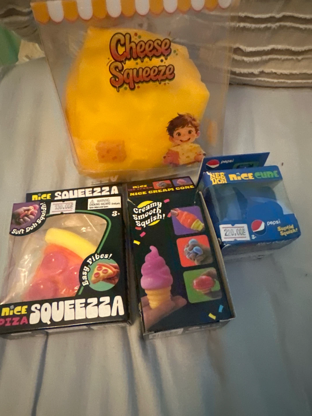 Set of 4 Squeeze Toys: Cheese, Pizza, Ice Cream, Pepsi Cube