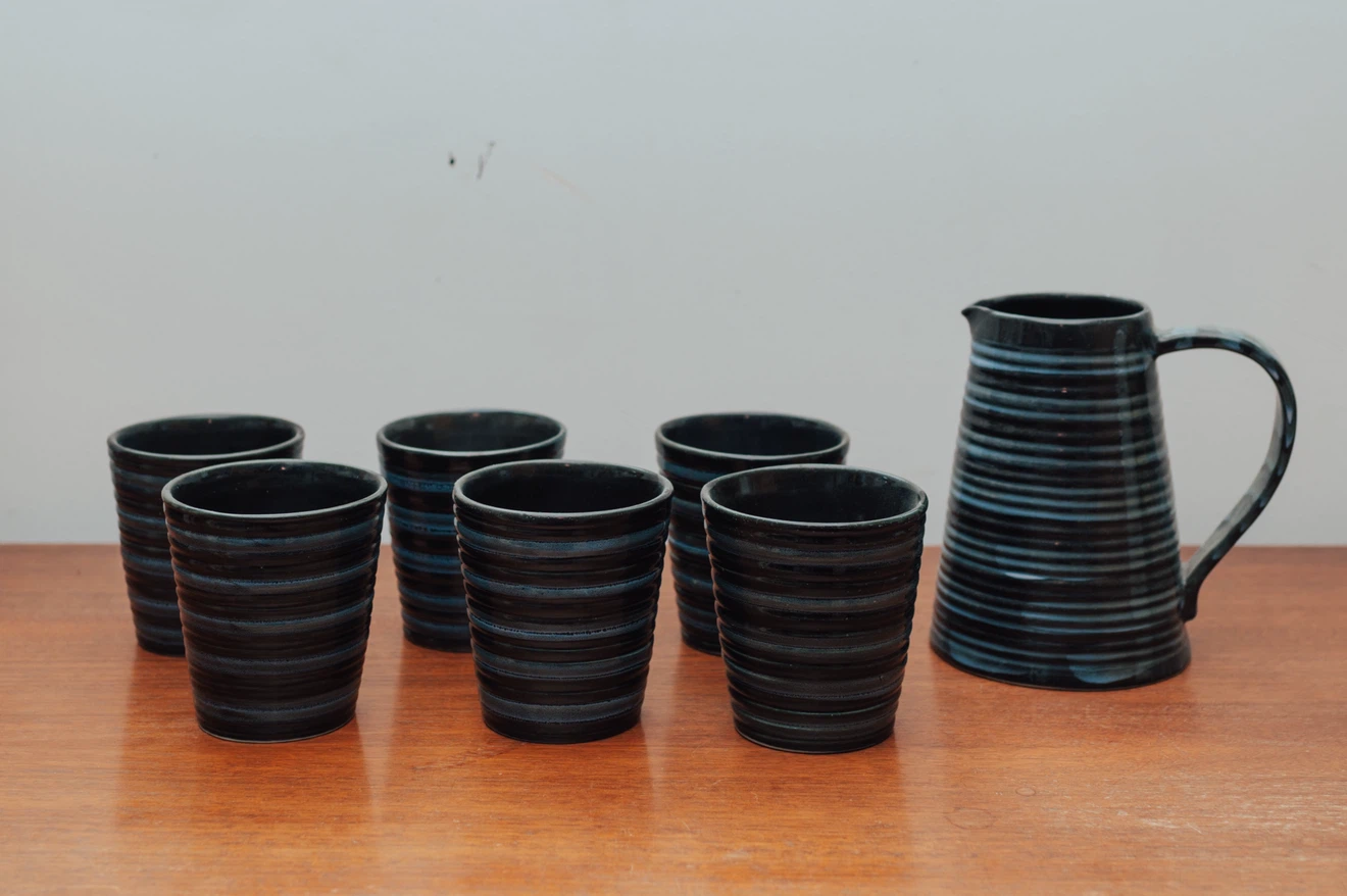 Handmade Ribbed Black Glaze Pottery Pitcher & 6 Cups