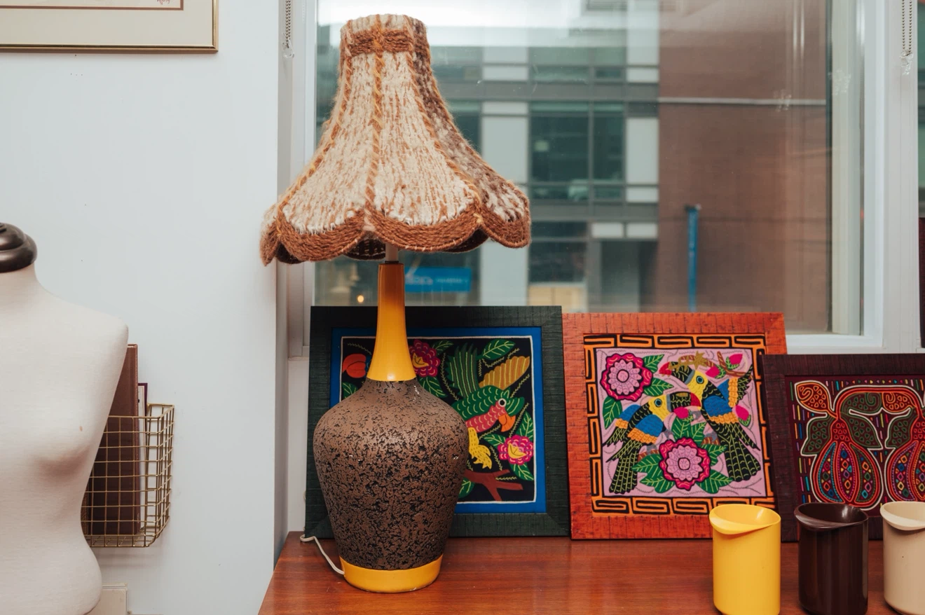 Vintage 1970s Textured Ceramic Table Lamp + Handwoven Shade