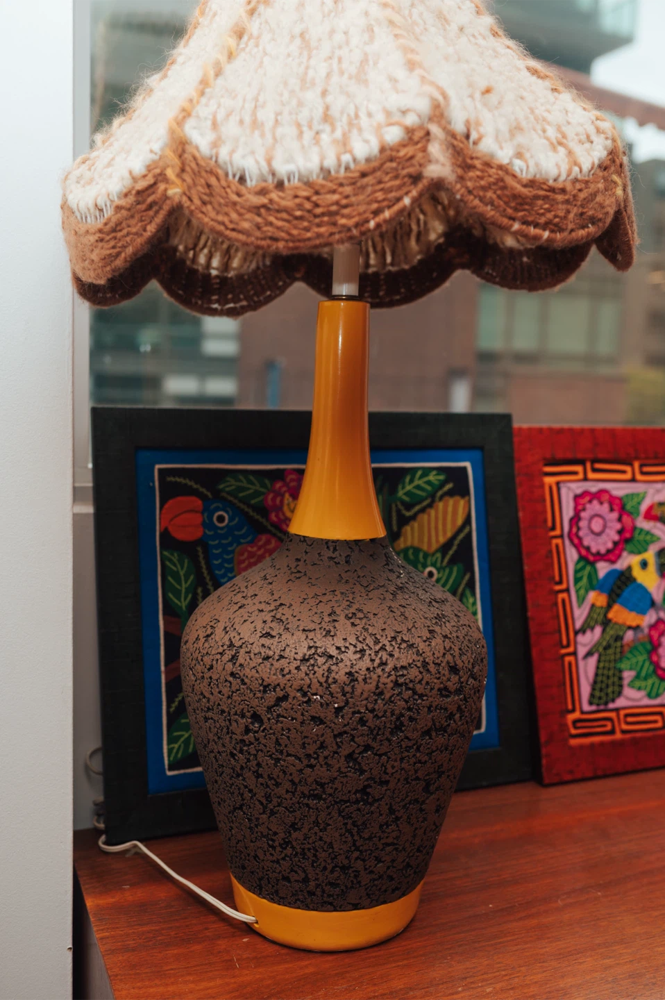 Vintage 1970s Textured Ceramic Table Lamp + Handwoven Shade - photo 2