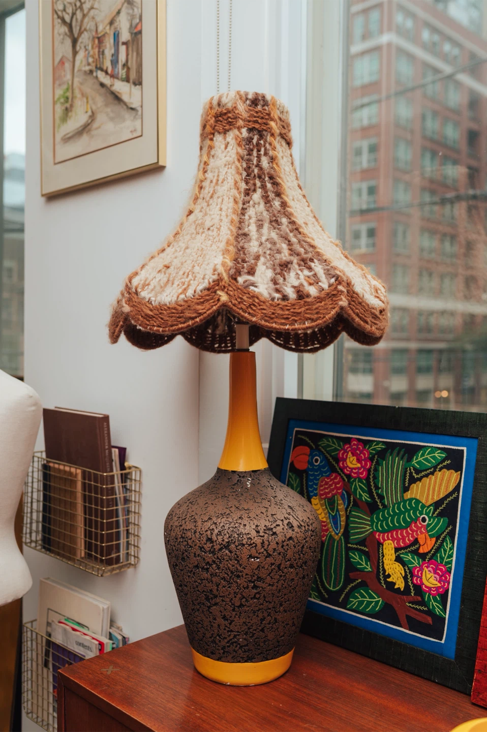 Vintage 1970s Textured Ceramic Table Lamp + Handwoven Shade - photo 5