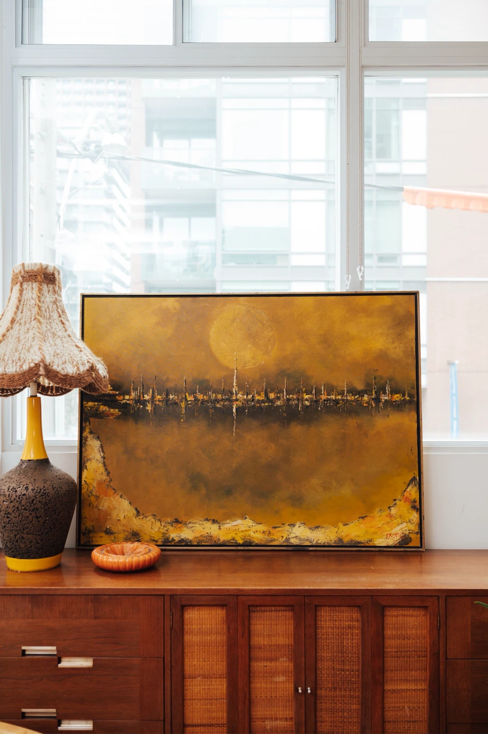 Large Vintage Abstract Cityscape Painting, signed - 49”x36”