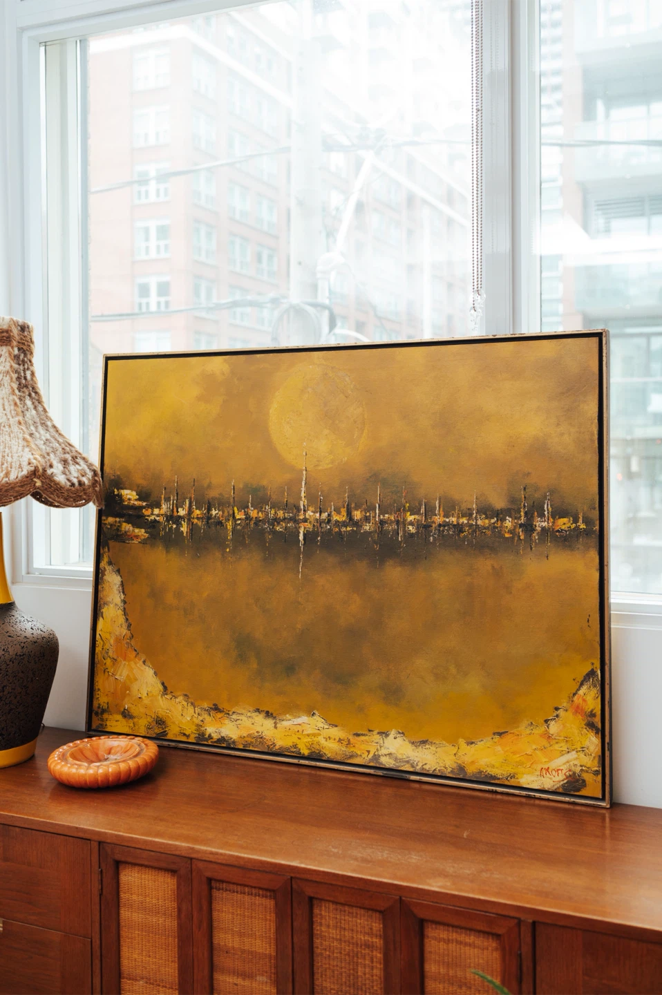 Large Vintage Abstract Cityscape Painting, signed - 49”x36” - photo 2
