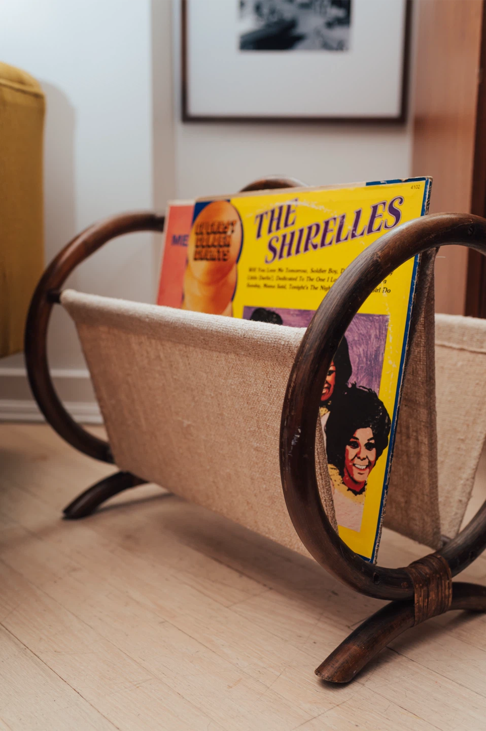 Vintage Rattan + Canvas Magazine / Record Rack