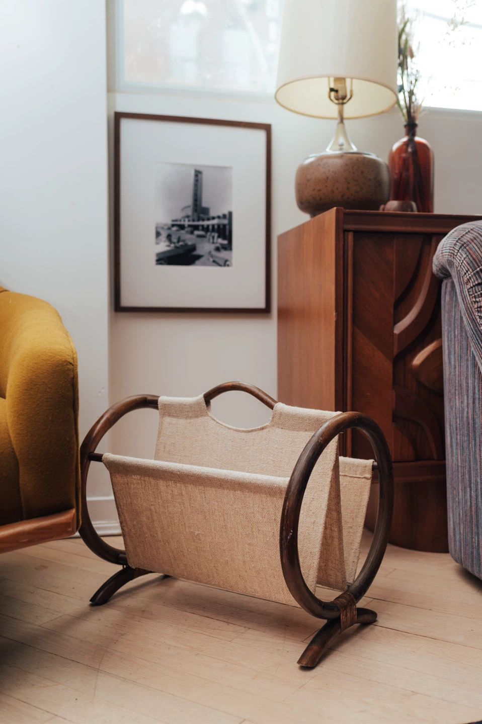 Vintage Rattan + Canvas Magazine / Record Rack - photo 4