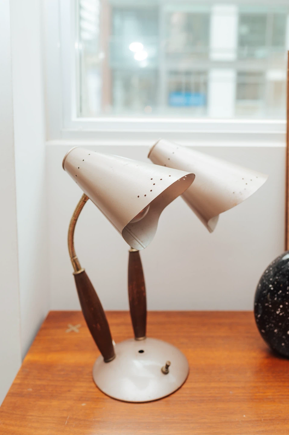 Vintage Mid-Century Double Gooseneck Table Lamp — Wood + Metal