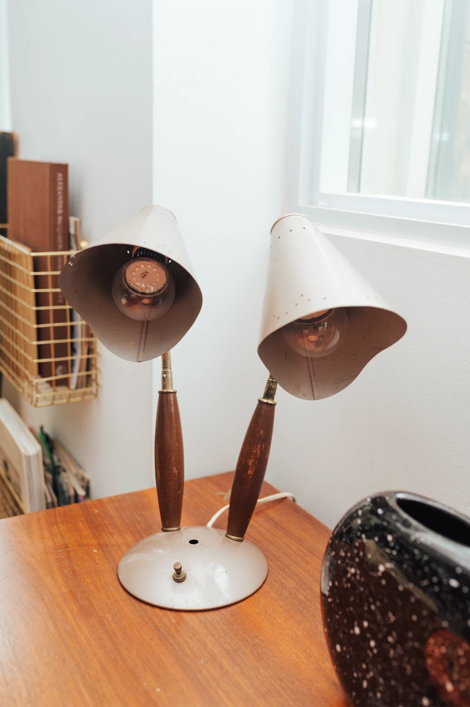 Vintage Mid-Century Double Gooseneck Table Lamp — Wood + Metal - photo 2