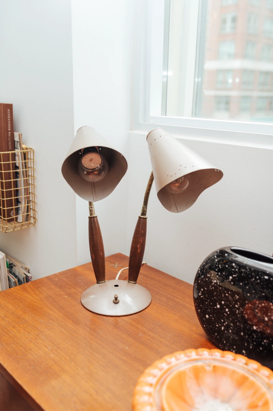 Vintage Mid-Century Double Gooseneck Table Lamp — Wood + Metal - photo 3