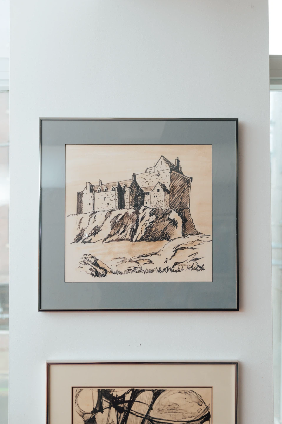 Vintage Framed Architectural Castle Drawing — Signed, 21” × 21”