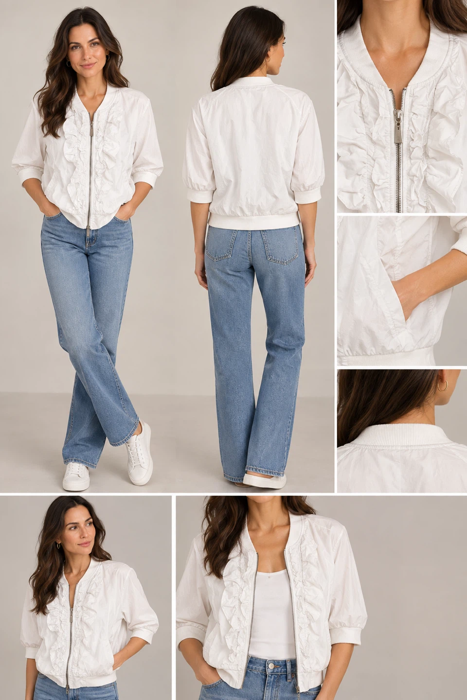 Free People White Ruffled Bomber Light Jacket