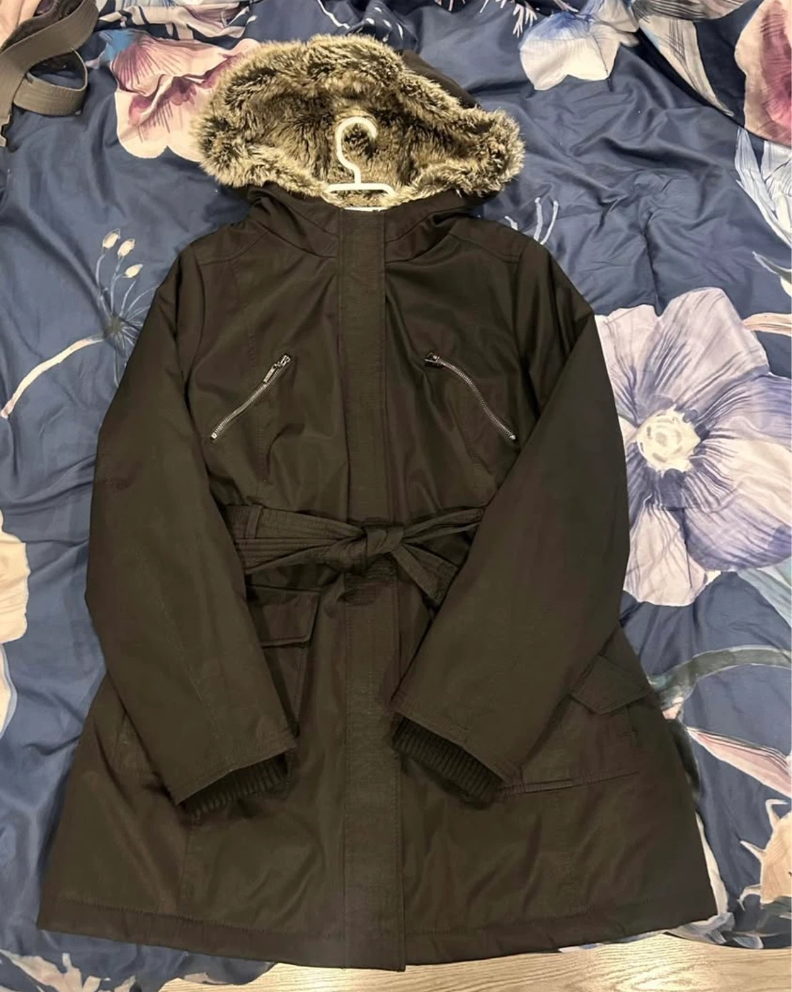 Black Winter Parka with Faux Fur Hood