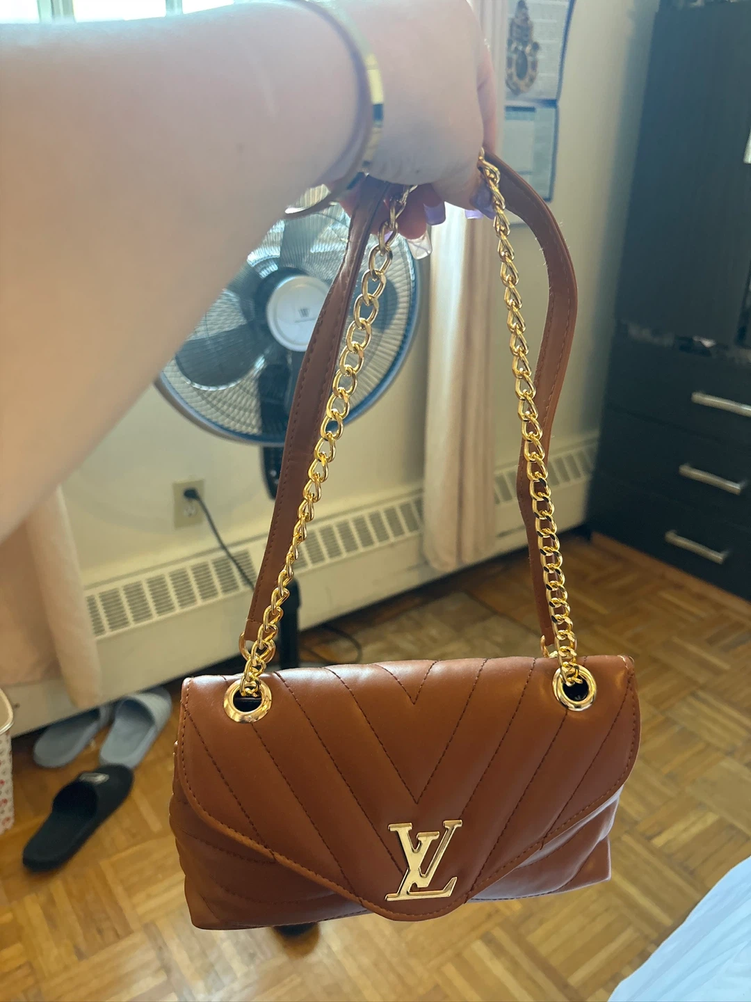 Brown V-Quilted Chain Shoulder Bag