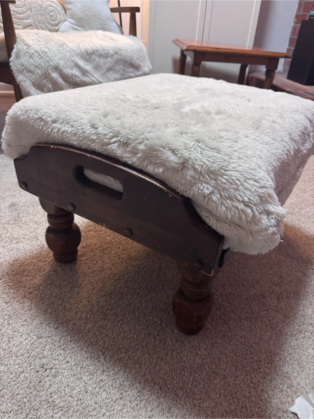 Vintage Wooden Footstool with Faux Fur Cushion