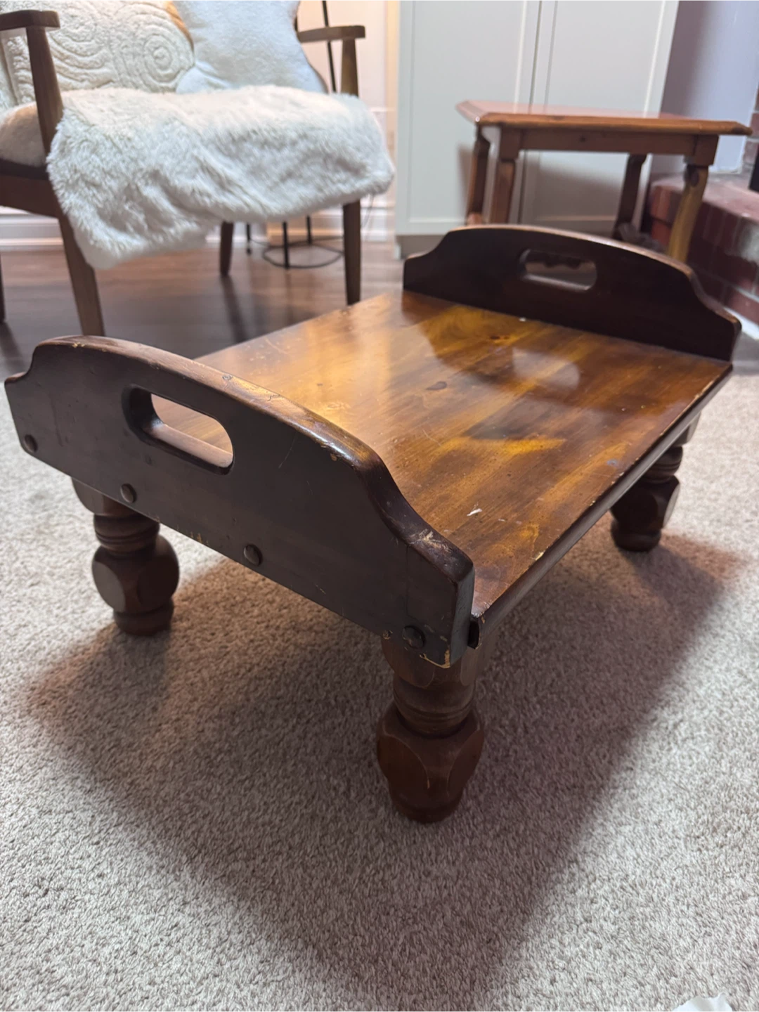 Vintage Wooden Footstool with Faux Fur Cushion - photo 3