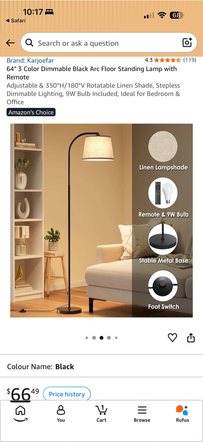Karjoefar 64-inch Black Arc Floor Lamp