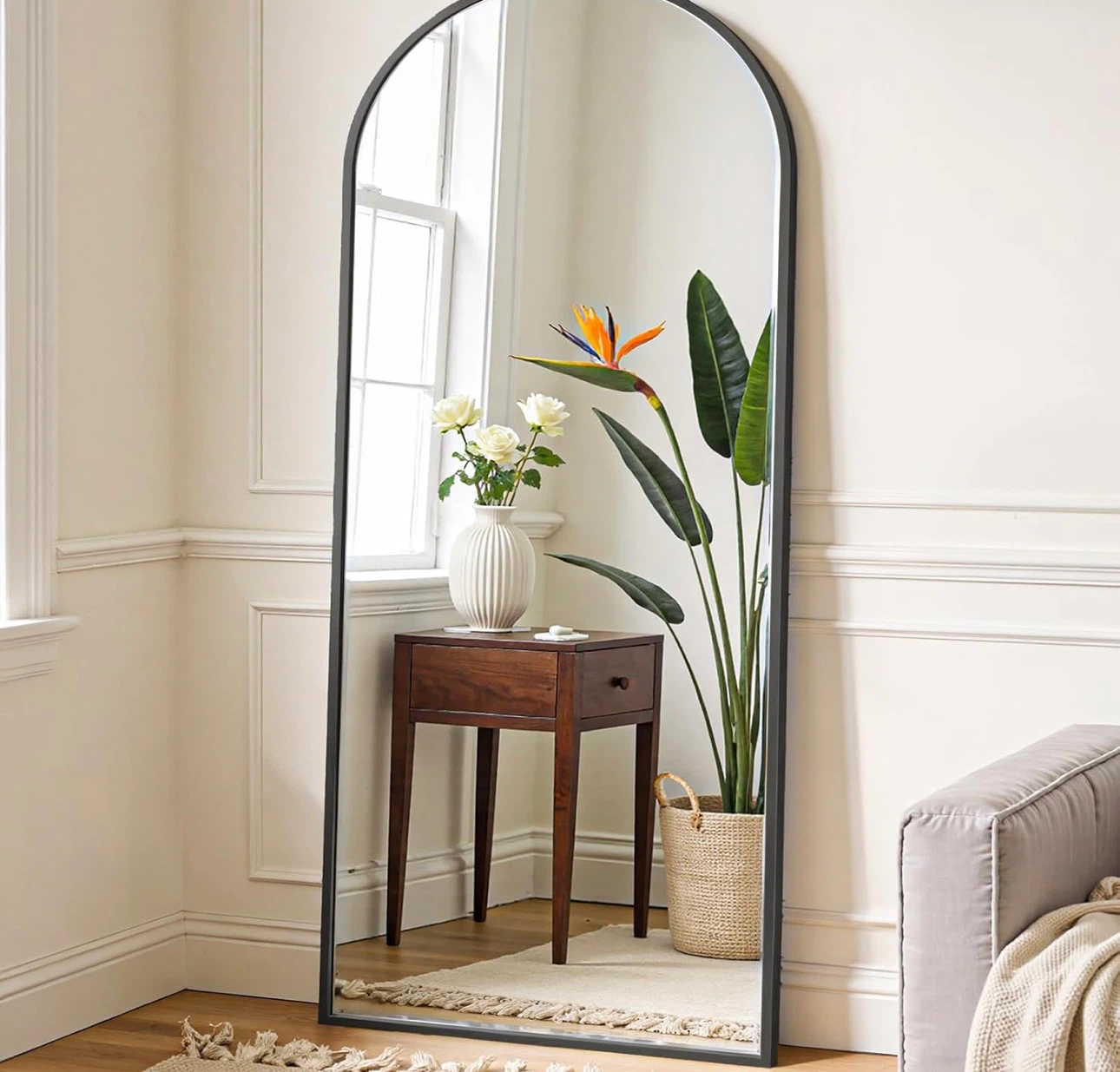 Arched Black Full-Length Floor Mirror