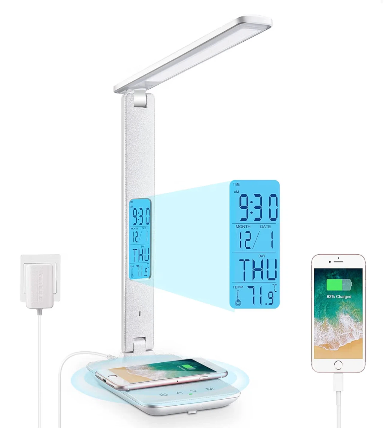 LED Desk Lamp with Wireless Charger and Clock