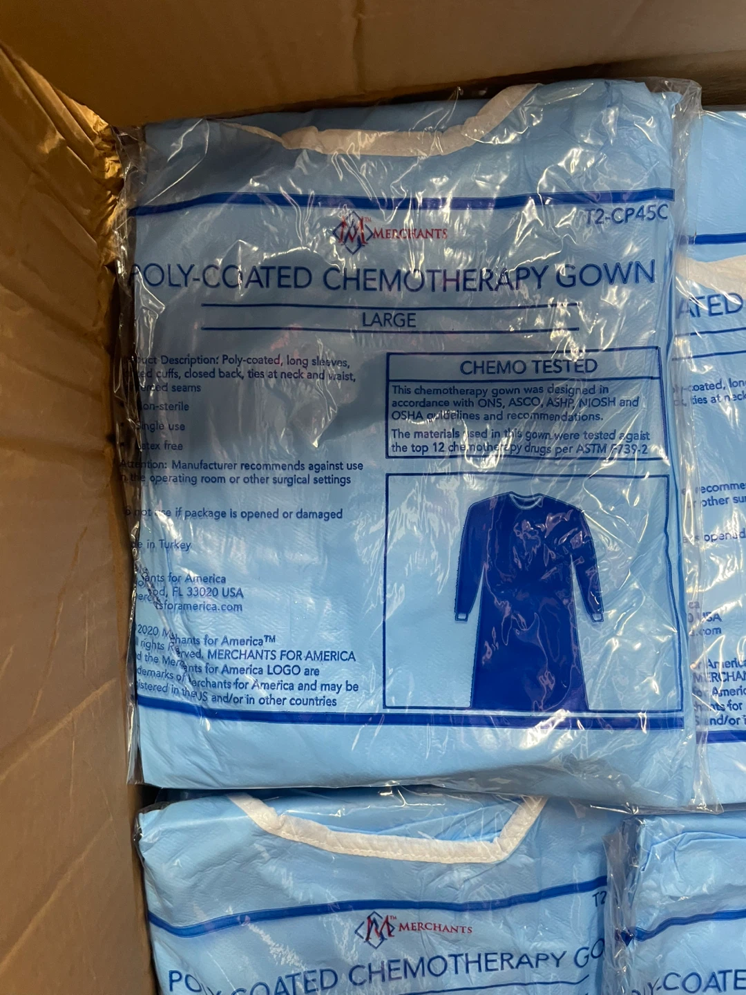 Merchants for America Poly-Coated Chemo Gown Large 100 pcs